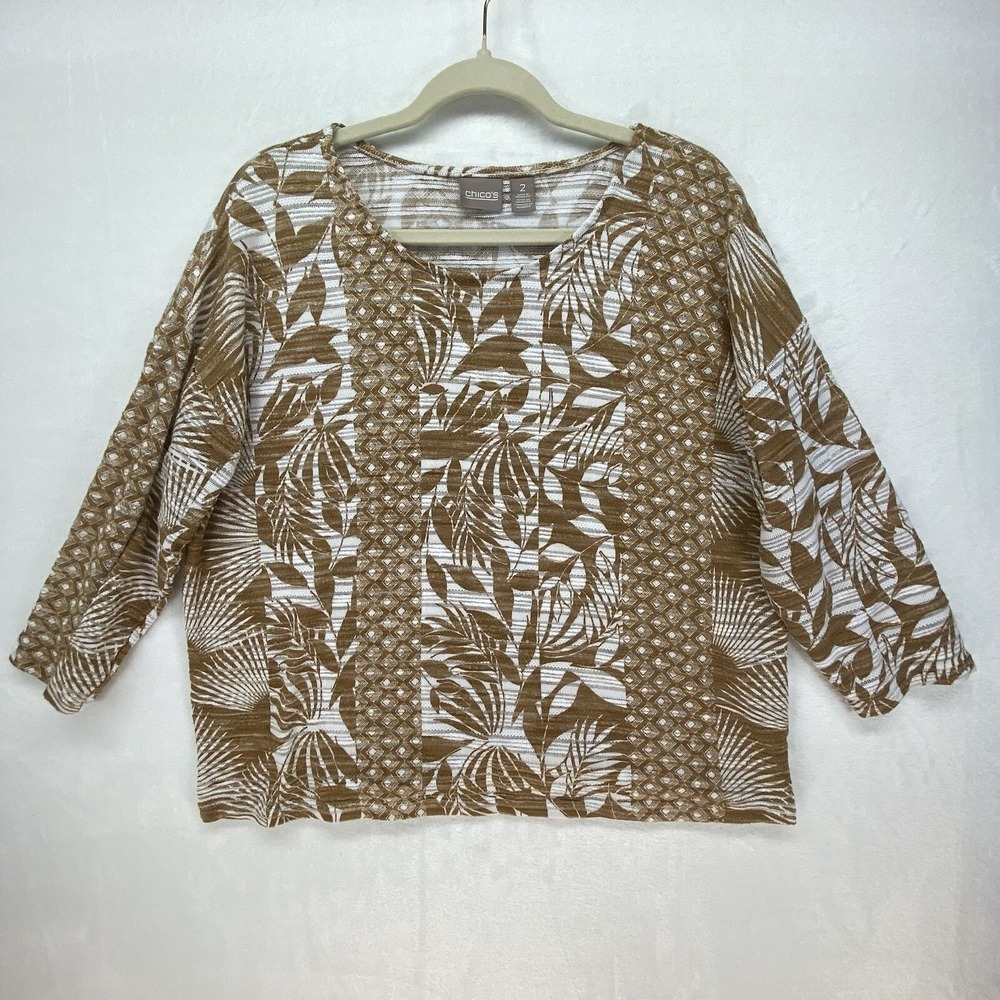 Chico's Pullover Top Size 2 Large Brown & White Knit Boat Neck 3/4 Sleeve